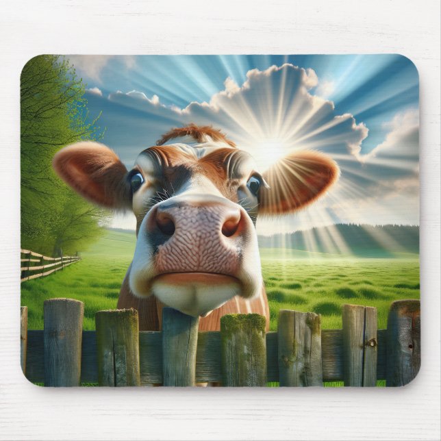 Whimsical Cow Peering Over Fence Mouse Pad (Front)