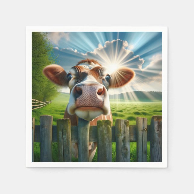 Whimsical Cow Peering Over Fence Napkin (Front)