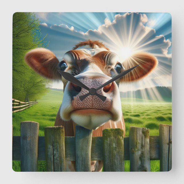 Whimsical Cow Peering Over Fence Square Wall Clock (Front)
