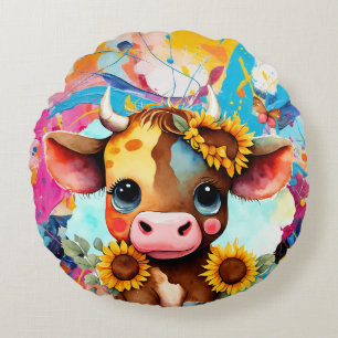 Whimsical Cow with Butterflies, Floral Round Cushion