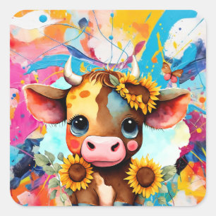 Whimsical Cow with Butterflies, Floral Square Sticker
