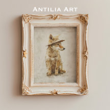 Whimsical Coyote in Hat Rustic Animal