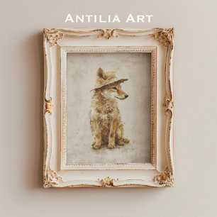 Whimsical Coyote in Hat Rustic Animal Poster