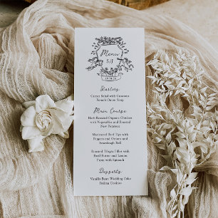 Whimsical Crest Monogram Black and White Wedding Menu