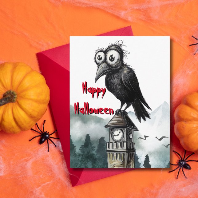 Whimsical Crow Clock Tower Funny Halloween Postcard (Creator Uploaded)