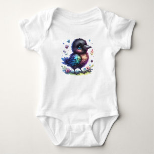 Whimsical Crow Illustration Kawaii Bird Design Baby Bodysuit