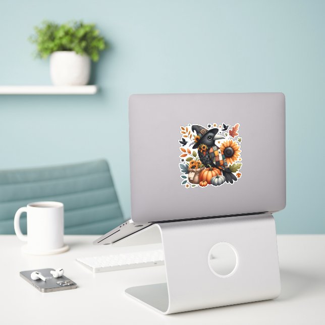 Whimsical Crow with Pumpkins and Sunflowers (Laptop On Desk)