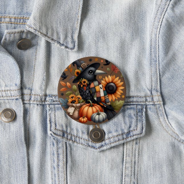 Whimsical Crow with Pumpkins and Sunflowers 7.5 Cm Round Badge (In Situ)
