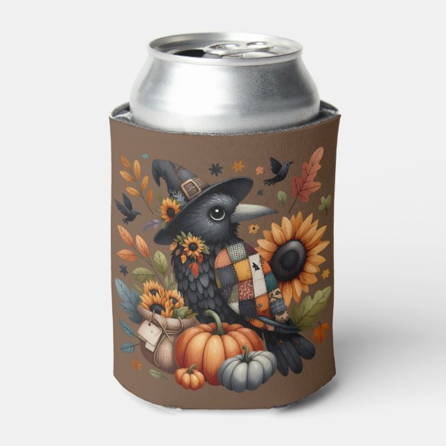 Whimsical Crow with Pumpkins and Sunflowers Can Cooler (Can Front)