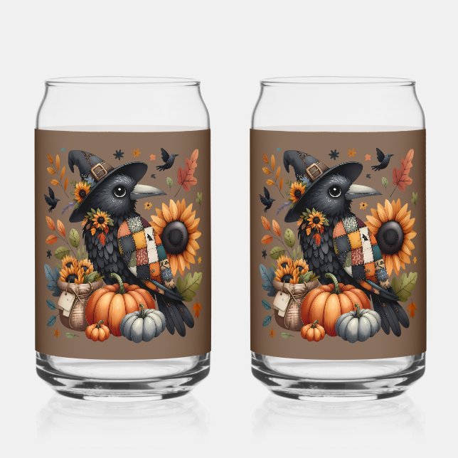 Whimsical Crow with Pumpkins and Sunflowers Can Glass (Front)