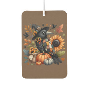 Whimsical Crow with Pumpkins and Sunflowers Car Air Freshener