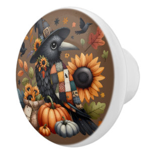 Whimsical Crow with Pumpkins and Sunflowers Ceramic Knob