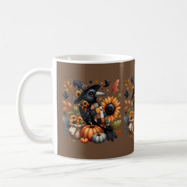 Whimsical Crow with Pumpkins and Sunflowers Coffee Mug (Left)