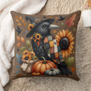 Whimsical Crow with Pumpkins and Sunflowers Cushion