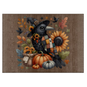 Whimsical Crow with Pumpkins and Sunflowers Cutting Board