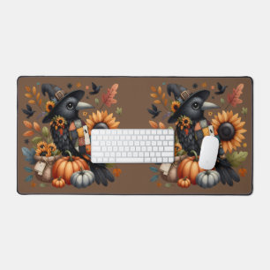 Whimsical Crow with Pumpkins and Sunflowers Desk Mat