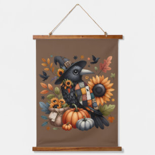 Whimsical Crow with Pumpkins and Sunflowers Hanging Tapestry