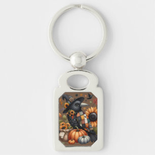 Whimsical Crow with Pumpkins and Sunflowers Key Ring