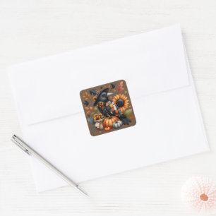Whimsical Crow with Pumpkins and Sunflowers Square Sticker