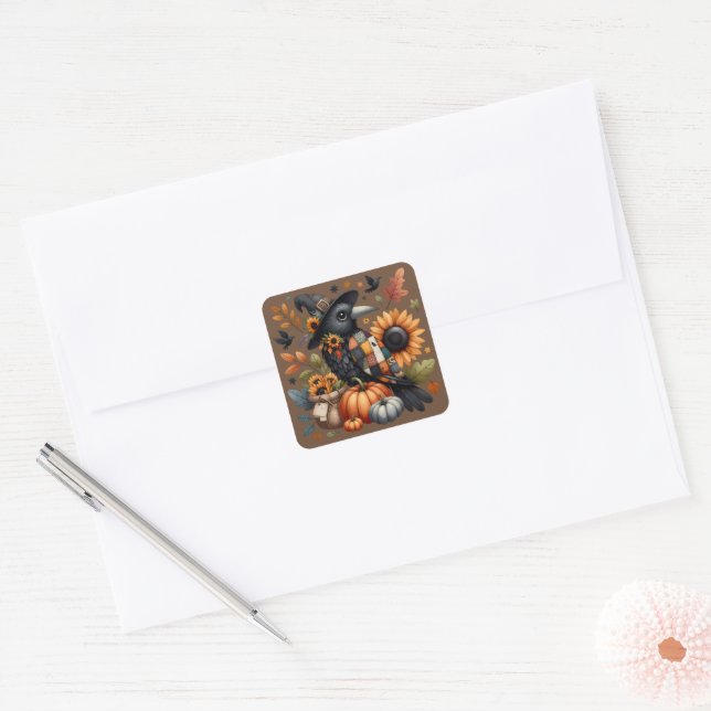 Whimsical Crow with Pumpkins and Sunflowers Square Sticker (Envelope)