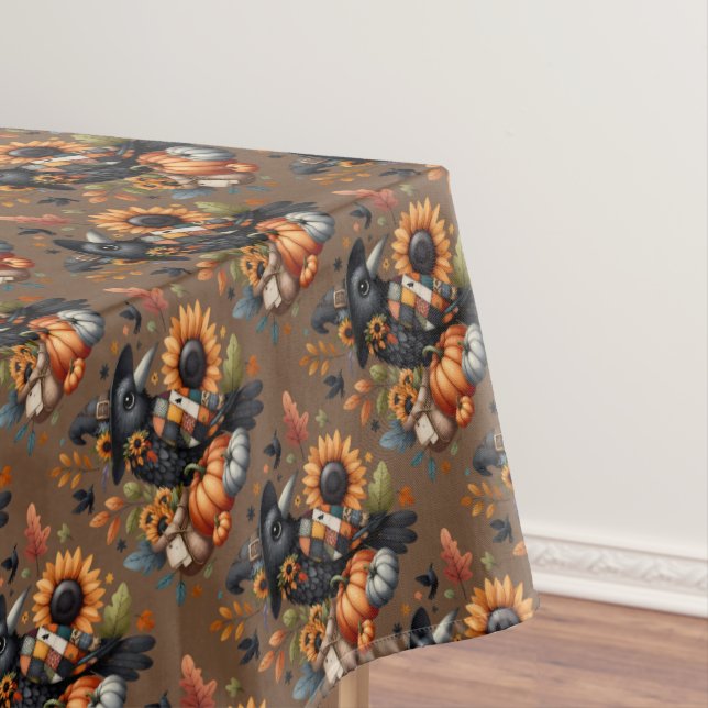 Whimsical Crow with Pumpkins and Sunflowers Tablecloth (In Situ)
