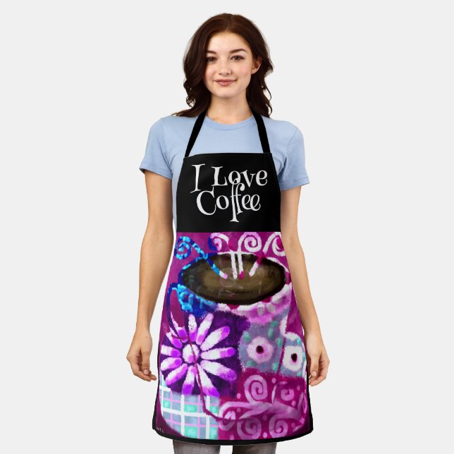 Whimsical Cup of Coffee Abstract Painting Purple  Apron (Worn)