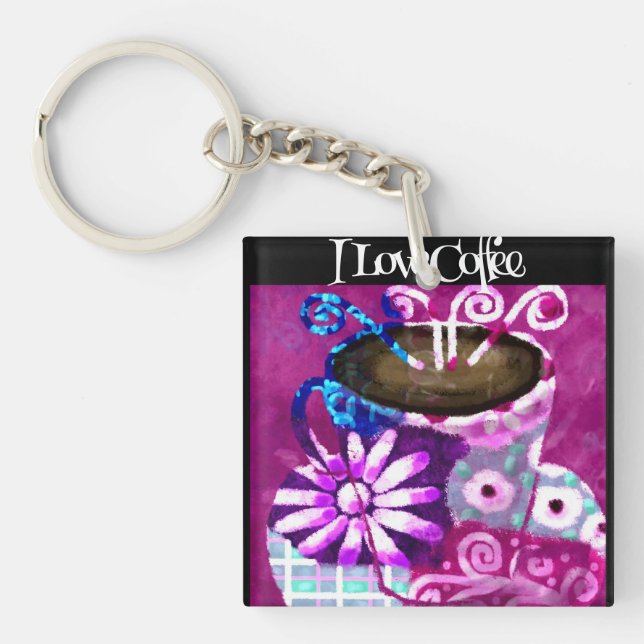 Whimsical Cup of Coffee Abstract Painting Purple Key Ring (Front)