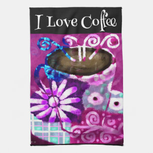 Whimsical Cup of Coffee Abstract Painting Purple Tea Towel