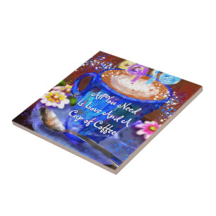 Whimsical Cup of Coffee Floral Personalised Ceramic Tile