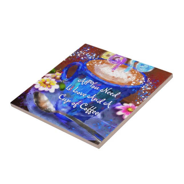 Whimsical Cup of Coffee Floral Personalised Ceramic Tile (Side)