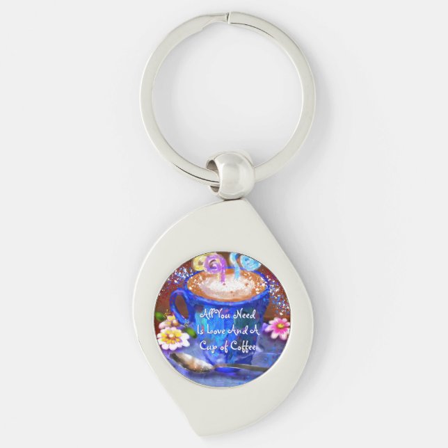 Whimsical Cup of Coffee Floral Personalised Key Ring (Front)