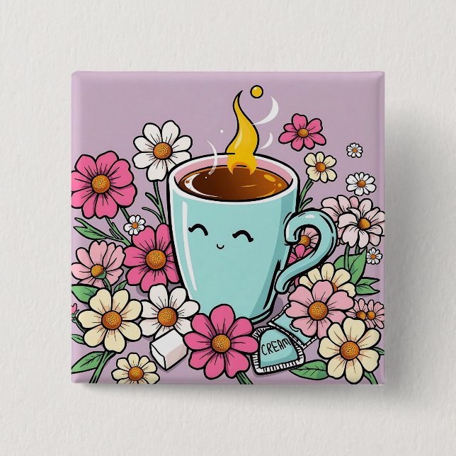 Whimsical Cup of Warm Coffee and Flowers 15 Cm Square Badge (Front)