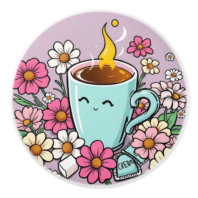 Whimsical Cup of Warm Coffee and Flowers Ceramic Knob (Front)