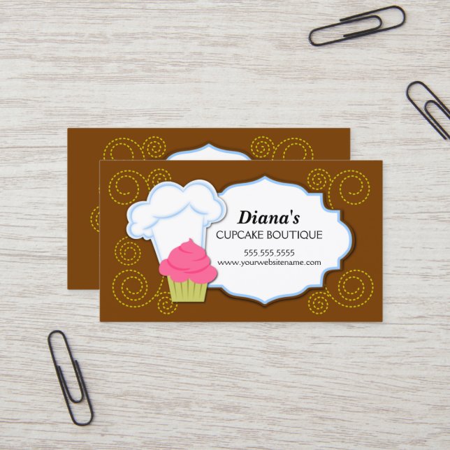 Whimsical Cupcake & Swirls Bakery Business Card (Front/Back In Situ)