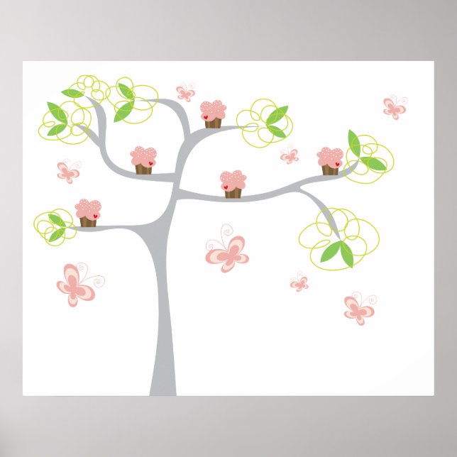 Whimsical Cupcakes Tree Butterflies Sweet Birthday Poster (Front)