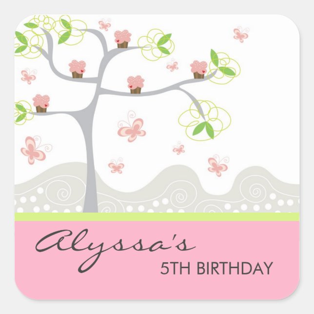 Whimsical Cupcakes Tree Butterflies Sweet Birthday Square Sticker (Front)