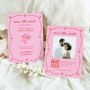 Whimsical Cupid Pink and Red Photo and QR Code Save The Date