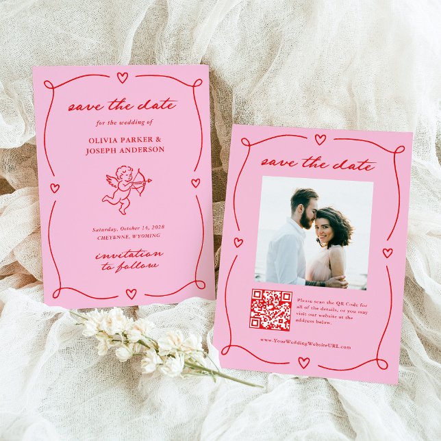 Whimsical Cupid | Pink and Red Photo and QR Code Save The Date (Creator Uploaded)