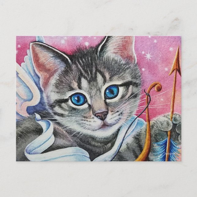 Whimsical Cupid Tabby Kitty Cat Watercolor Art Postcard (Front)