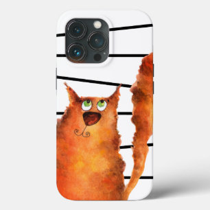 Whimsical Curious Cat on Stripes Pattern iPhone 13 Pro Case
