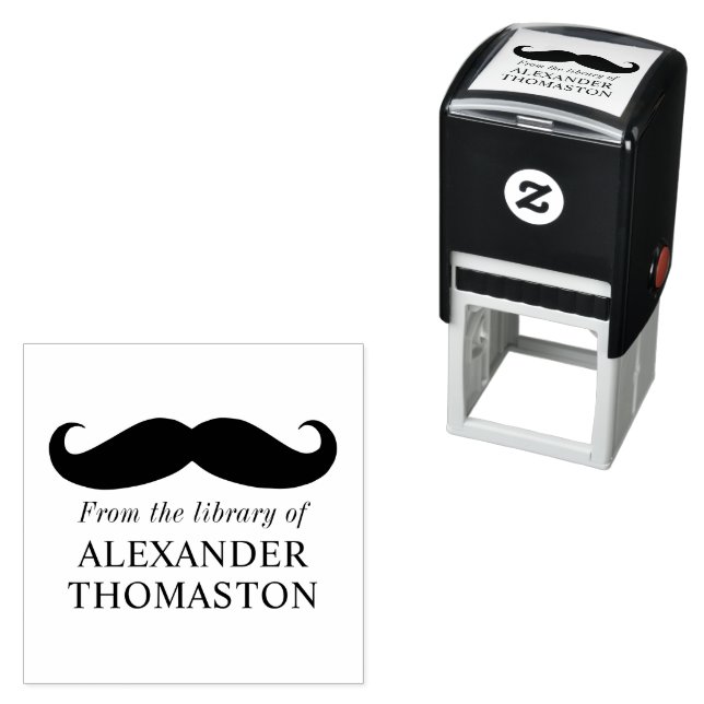 Whimsical Curly Moustache Silhouette Library Book Self-inking Stamp (In Situ)