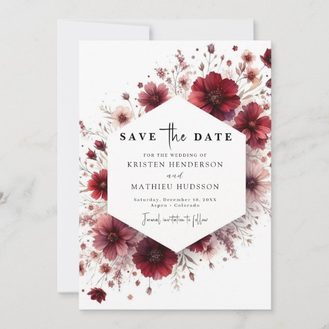 Whimsical Custom Burgundy Wedding Save The Date (Front)