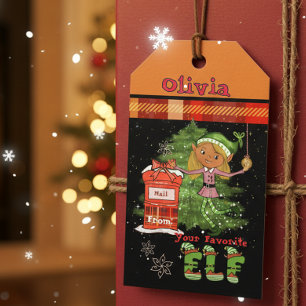 Whimsical Custom Elf Girl Plaid Christmas Gift Tag