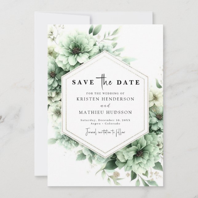 Whimsical Custom Flowers Sage Green Wedding  Save The Date (Front)