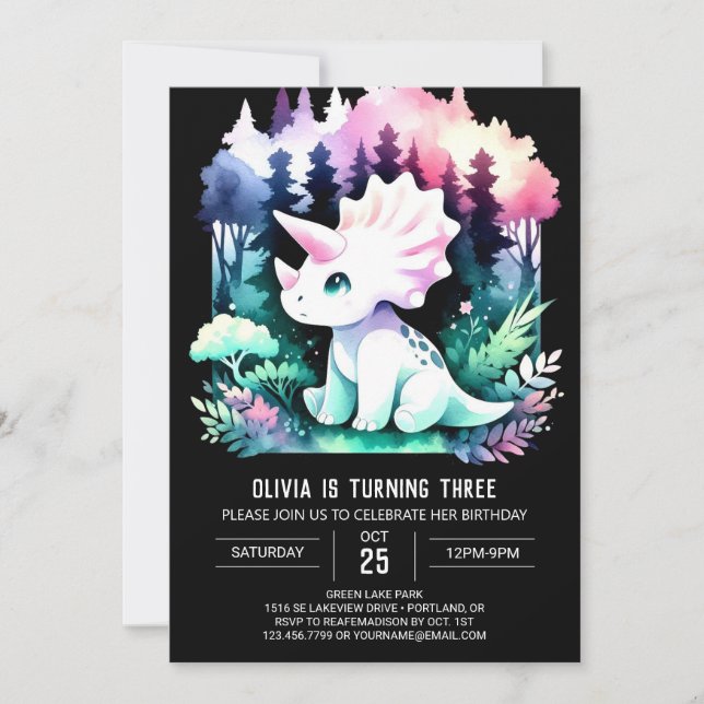 Whimsical Custom Triceratops Birthday Invitation (Front)