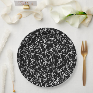 Whimsical Cute B&W Bows Pattern Bridal Shower Paper Plate