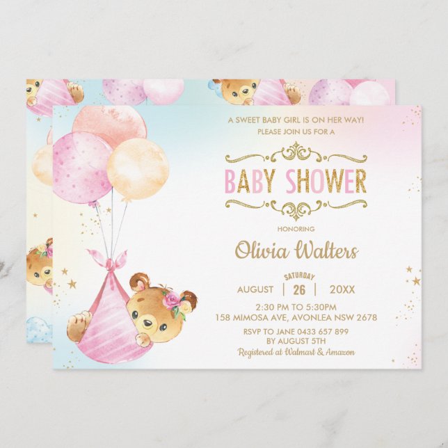 Whimsical Cute Bear Balloons Baby Shower Girl Invitation (Front/Back)