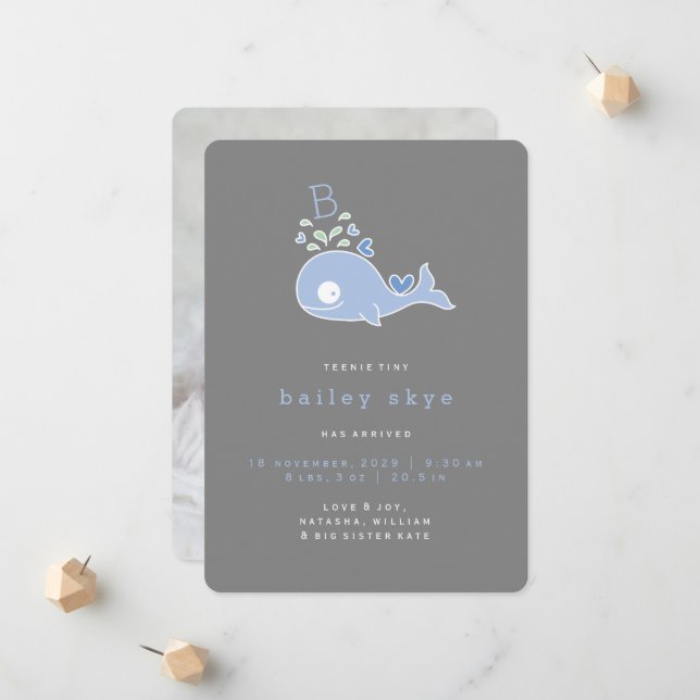 Whimsical Cute Blue Whale Monogram Baby Boy Birth Announcement (Front/Back In Situ)