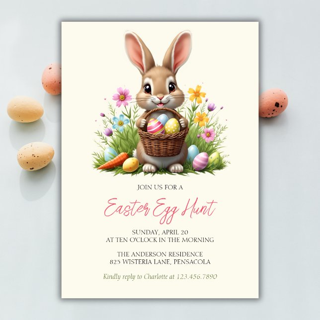 Whimsical Cute Bunny Rabbit Floral Easter Egg Hunt Invitation (Whimsical Cute Bunny Rabbit Floral Easter Egg Hunt Invitation)
