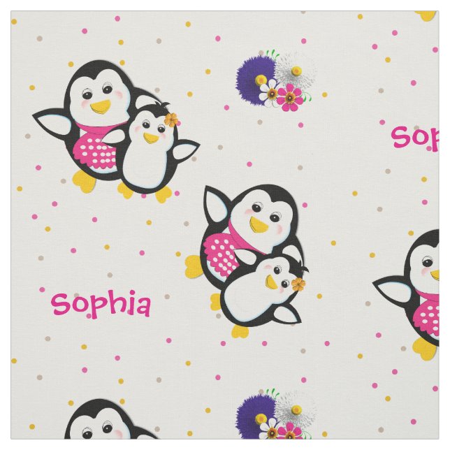 Whimsical Cute Cartoon Penguins Theme Personalised Fabric (Swatch)
